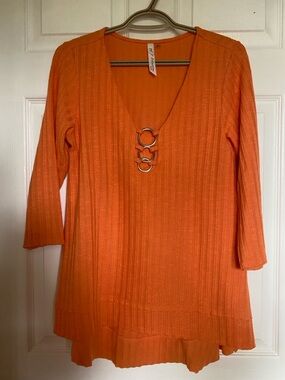 NY Collection Orange V-Neck Tunic with Ring Accents